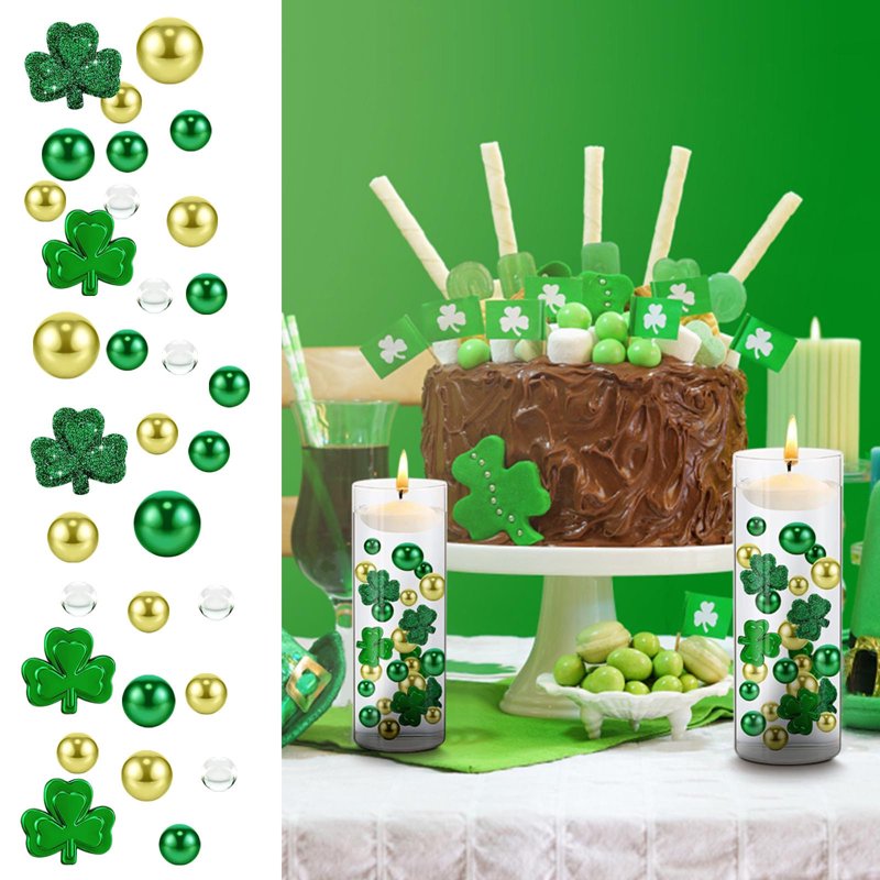 Holiday Vase Filler Set Shamrocks Green Beads & Faux Diamonds for St Patrick's Day Decor