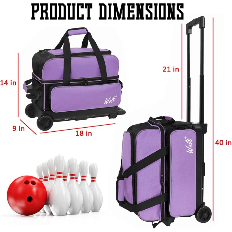 WOLT Purple Double Roller Bowling Bag for 2 Balls with Retractable Handle 40" - Variation: Purple