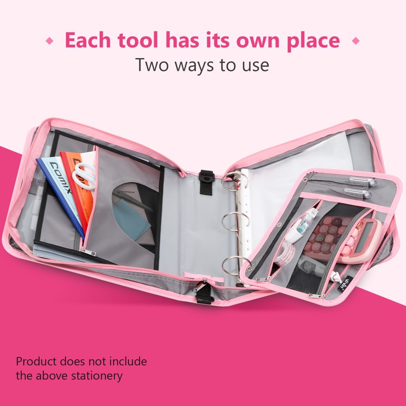 2-Inch Zipper Binder with O-Ring Mechanism and Multiple Pockets in Pink