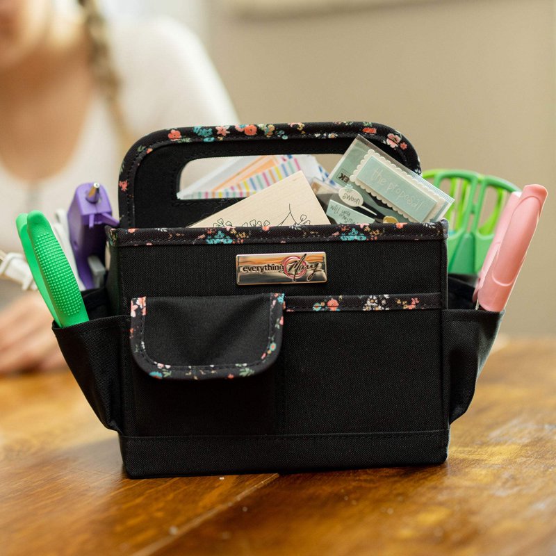 Collapsible Desktop Craft Organizer Caddy - Black Floral Storage Tote