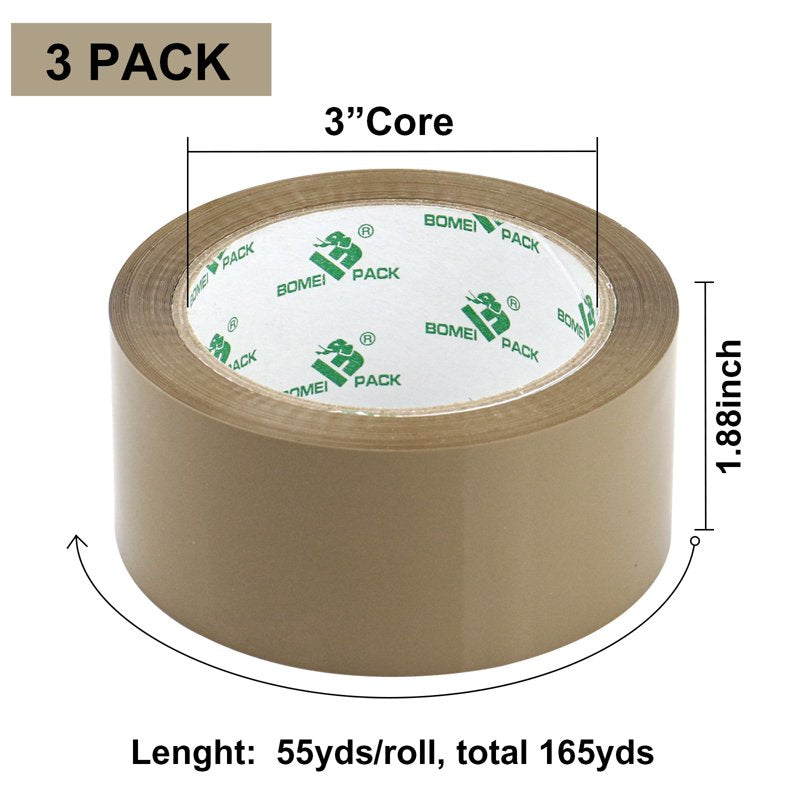Heavy Duty Brown Packing Tape with Dispenser - 3 Rolls, 55 Yards, 2.4 Mil Thick for Shipping & Moving