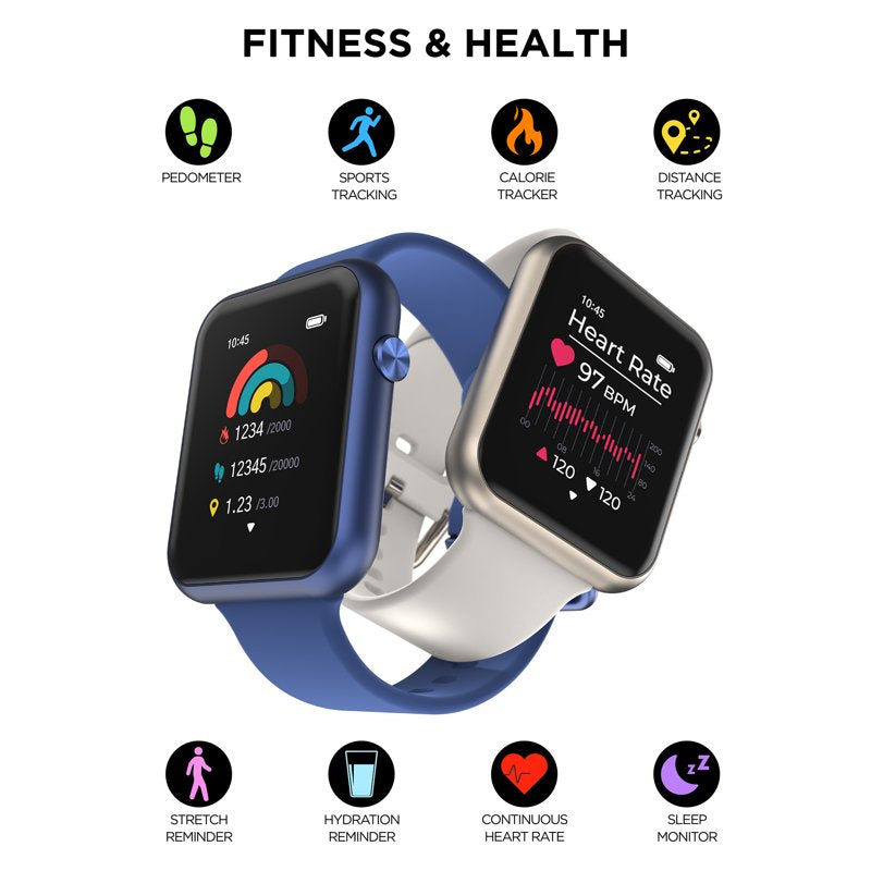 Unisex Rectangular Smart Watch with Silicone Strap, Heart Rate & Fitness Tracking