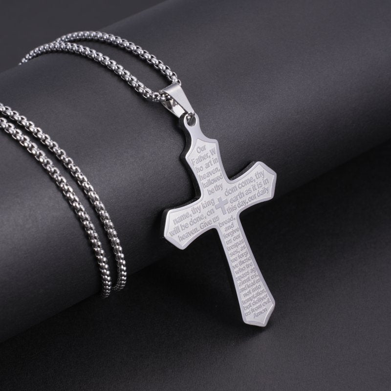 Men's Stainless Steel Religious Cross Necklace with Lord's Prayer Engraving