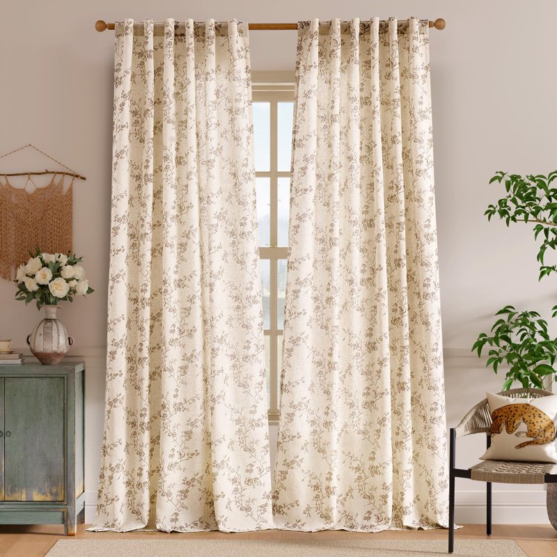 Farmhouse Taupe Floral Curtains - 96 Inch Light Filtering Drapes, 2 Panels