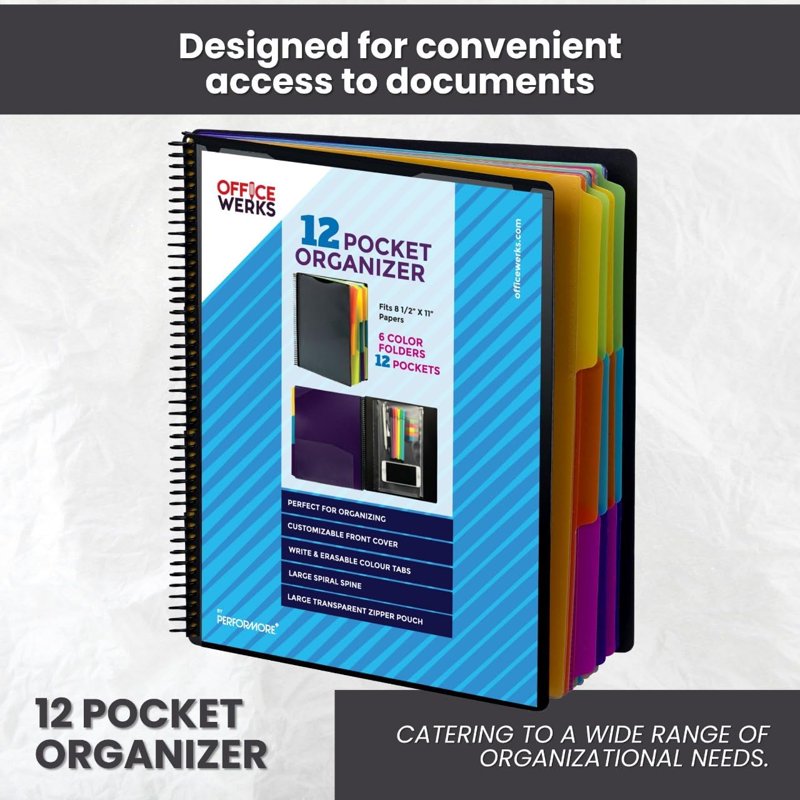 Spiral Subject Organizer Binder with 6 Dividers & Customizable Cover - 12 Pocket