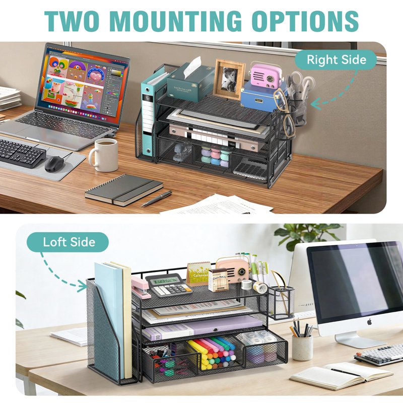 4-Tier Desktop File Organizer with Drawer and Pen Holders - Office Desk Accessories