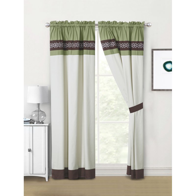 4-Piece Embroidered Curtain Set with Sheer Liners and Tiebacks - Green Brown Beige