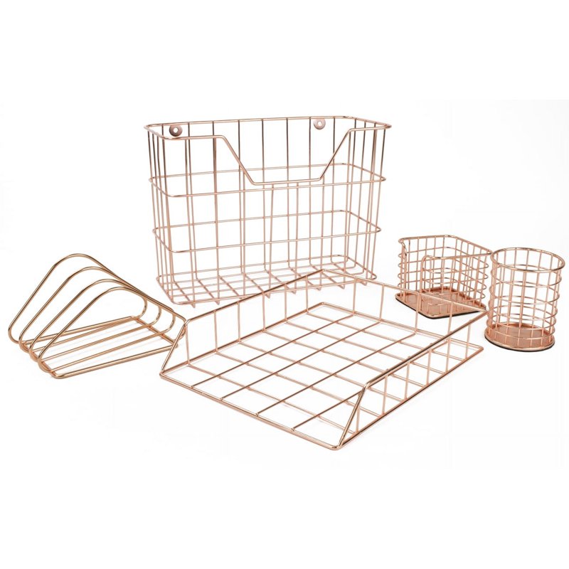 Wire Desk Organizer Set with Copper Finish - 5-Piece Office Storage