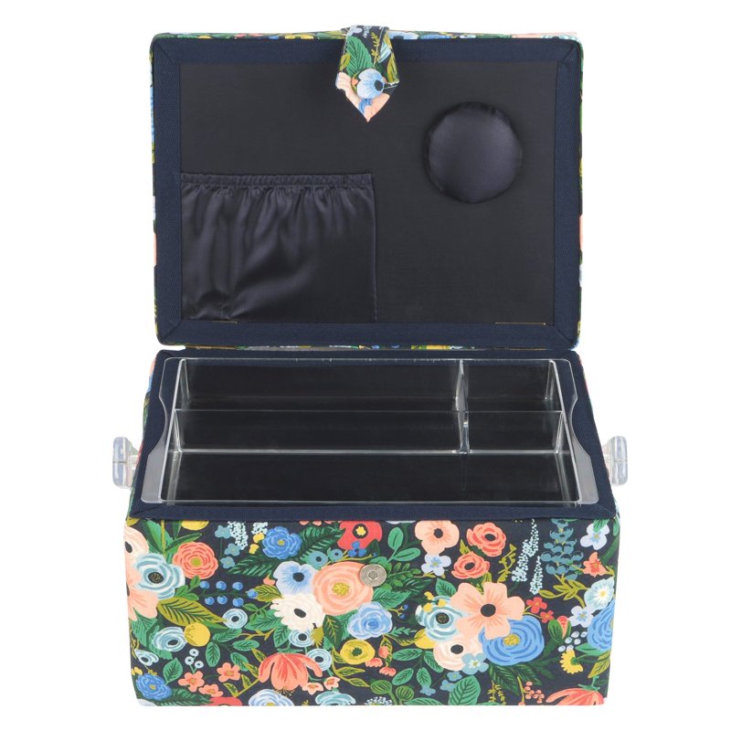 Blue Floral Sewing Basket with Pincushion and Removable Tray - 11.5 Inch