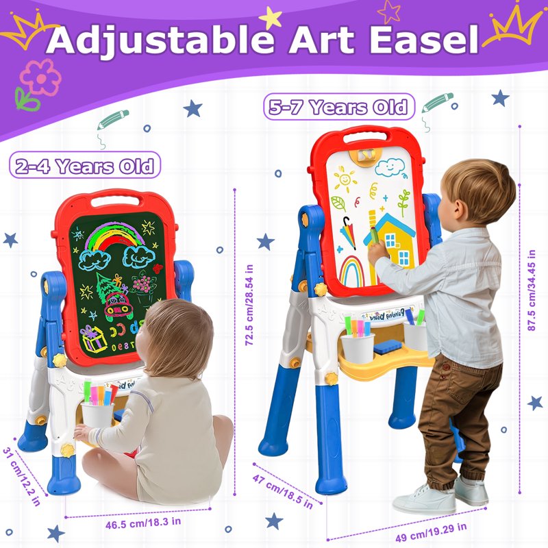 Kids Double-Sided Magnetic Art Easel with Whiteboard & Chalkboard, Adjustable Height, Blue
