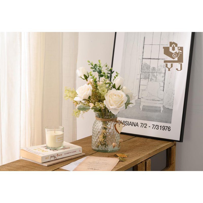 Artificial Flower Arrangement with Vase - White Silk Roses & Eucalyptus for Home & Wedding Decor