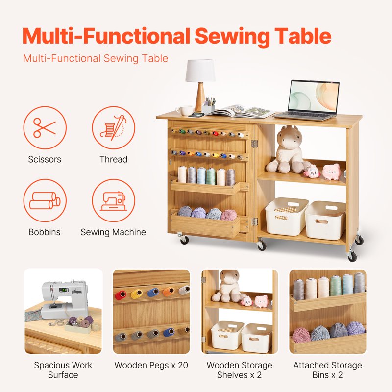 Foldable Sewing Table with Storage Racks Casters and Shutters - Versatile Craft Desk