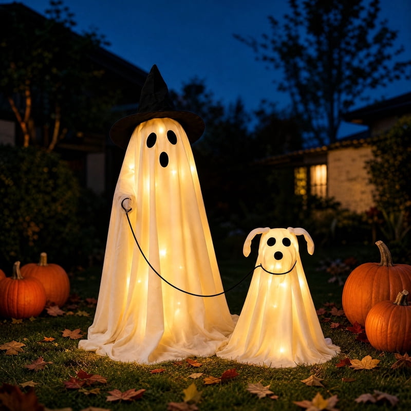 Halloween Outdoor Decor Set with LED Wizard Ghost and Ghost Dog Figurines - Lighted Spooky Scene