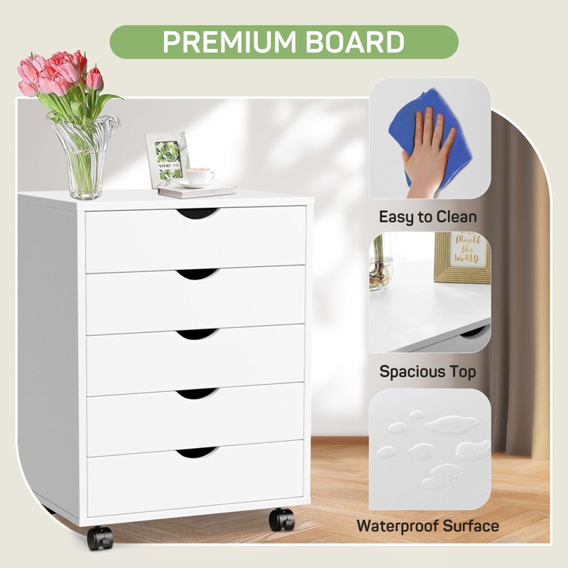 5-Drawer Wooden File Cabinet with Lockable Wheels - Home Office Storage Organizer