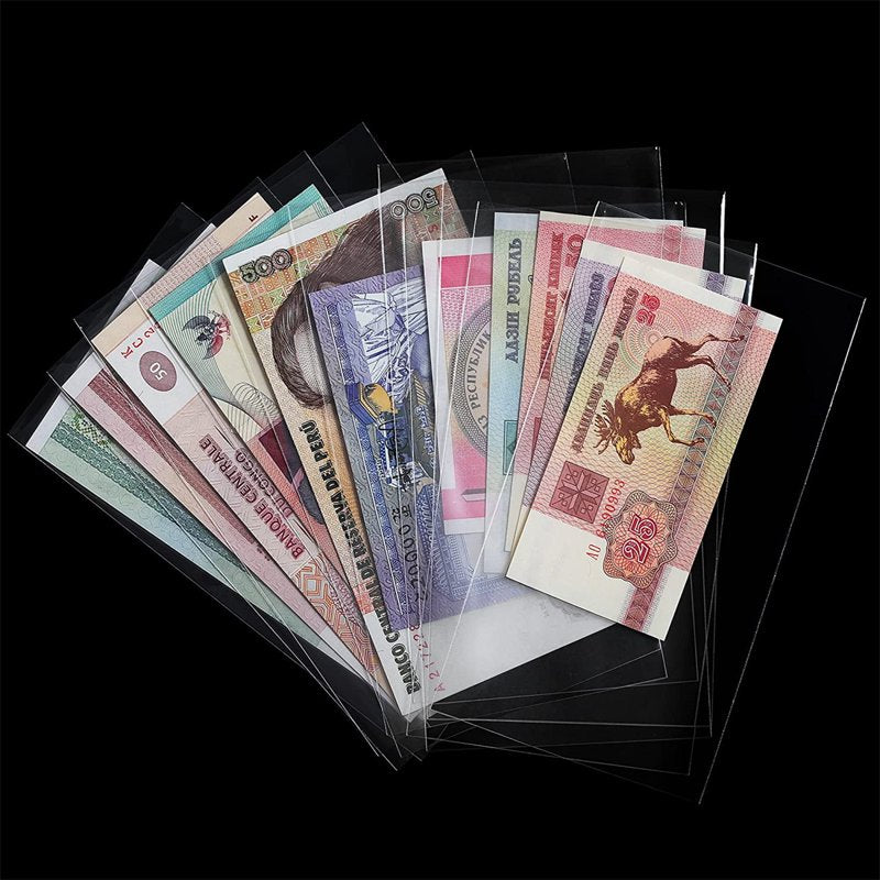 Clear Paper Money & Currency Collection Sleeves with Storage Case - 100 Pieces
