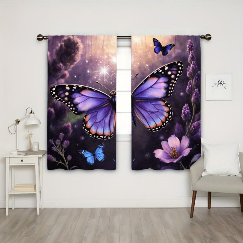 Purple Butterfly Floral Light Filtering Curtains for Living Room & Bedroom