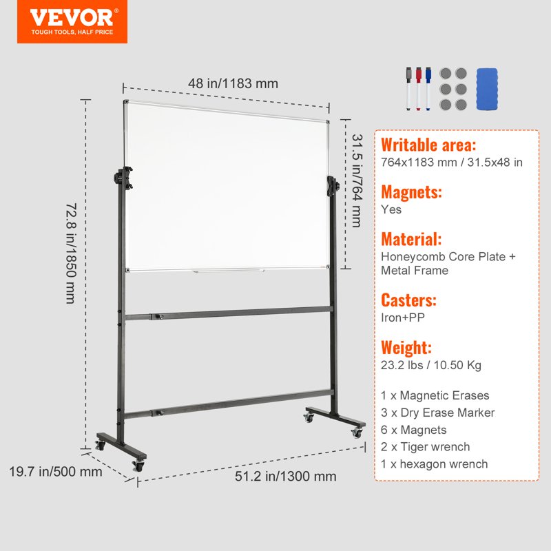 48x32 Inch Double-Sided Magnetic Whiteboard with Mobile Stand