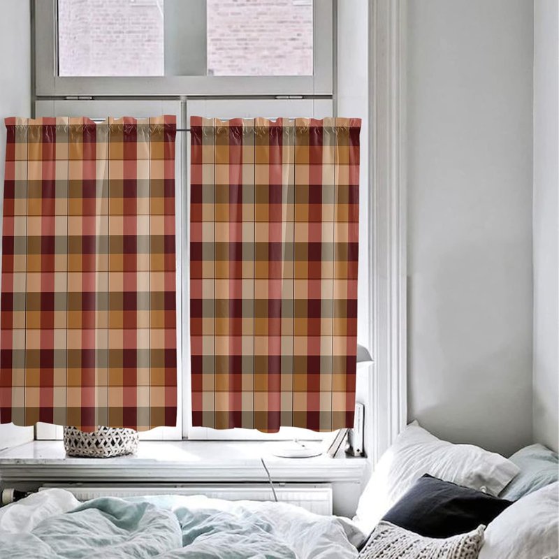 Red Plaid Short Window Curtains - Farmhouse Rustic Checkered Drapes, 2 Panels