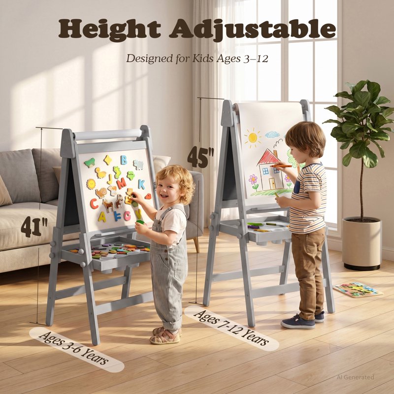 Kids Art Easel with Magnetic Whiteboard & Chalkboard, Adjustable & Foldable