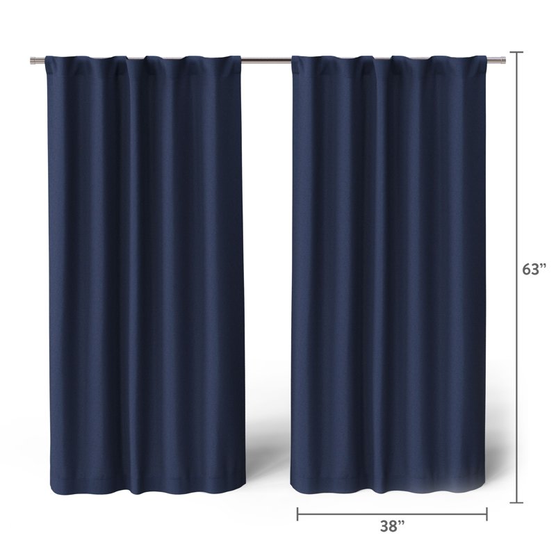 Kids Navy Blue Blackout Curtain Panel Set with Rod Pocket & Back Tabs, 30x63 Inches