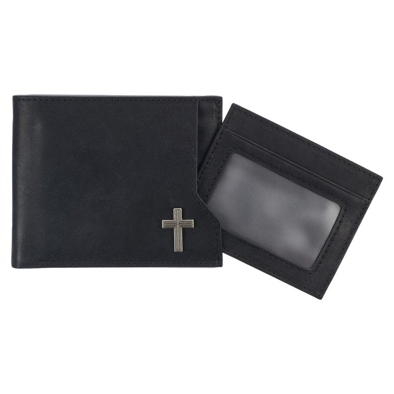 Men's Leather RFID Blocking Cross Wallet with Removable ID Window - Black
