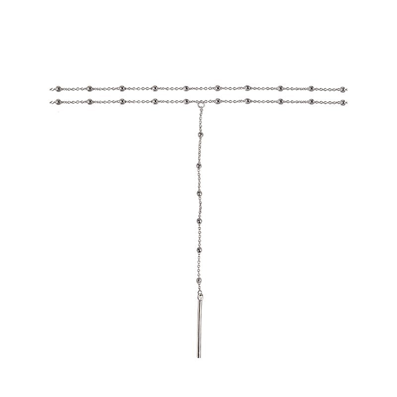 Silvertone 2-Row Flat Oval Chain Necklace with Bar Pendant - 16 Inch