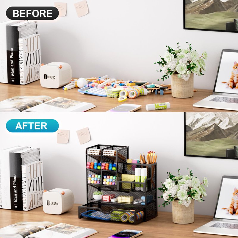 Multi-Functional Mesh Desk Organizer with Drawer - Office Stationery Storage