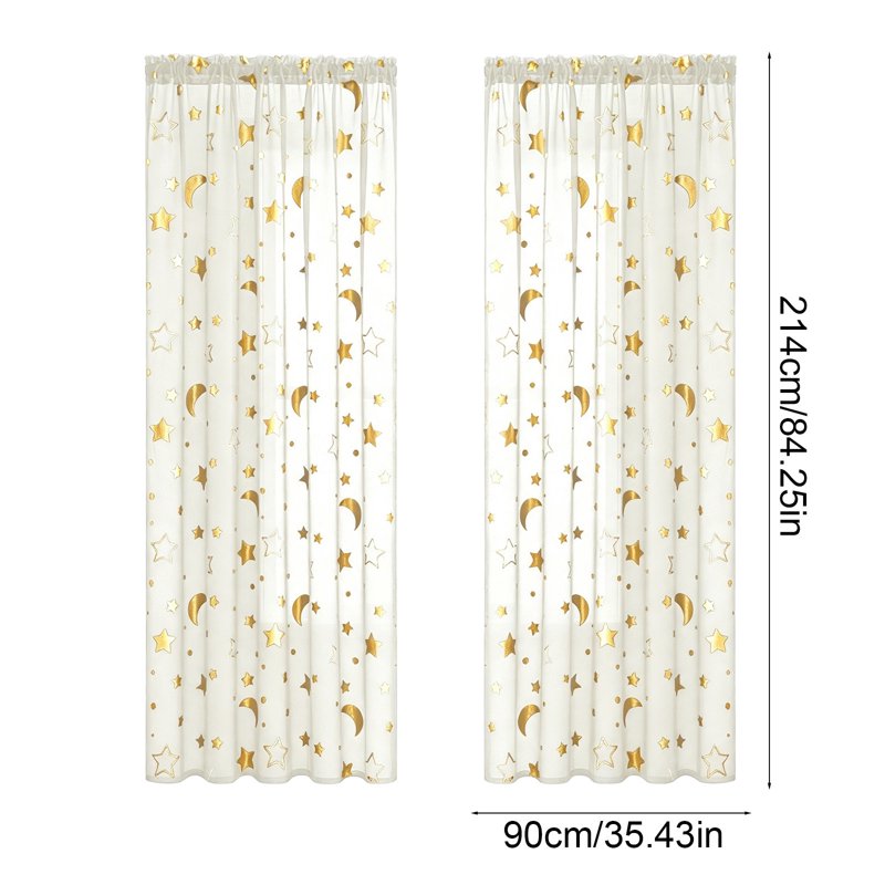 Light Filtering Sheer Curtains with Gold Star Print - 84 Inch Long Window Panel for Living Room & Bedroom
