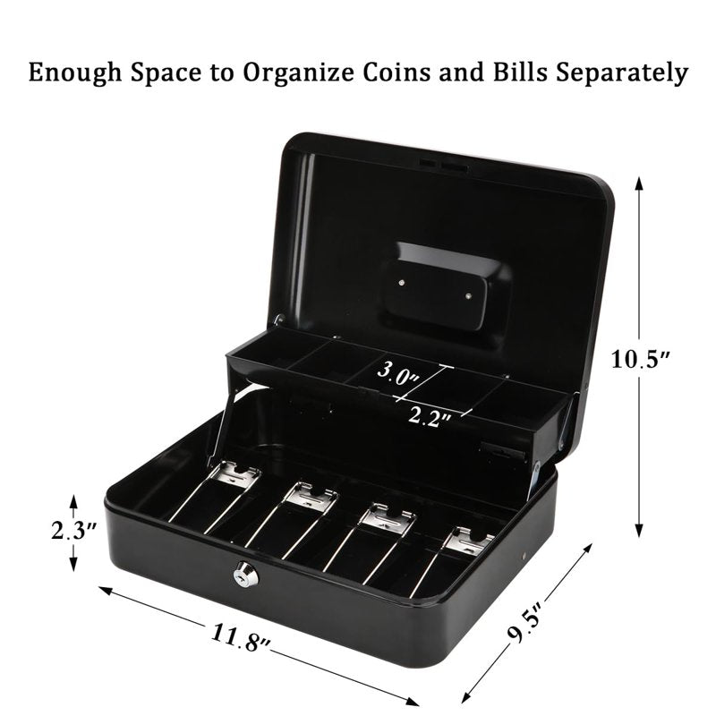 Large Cash Box with Lock and Money Tray - Secure Money Organizer 11.8L x 9.5W x 3.5H Inches, Black
