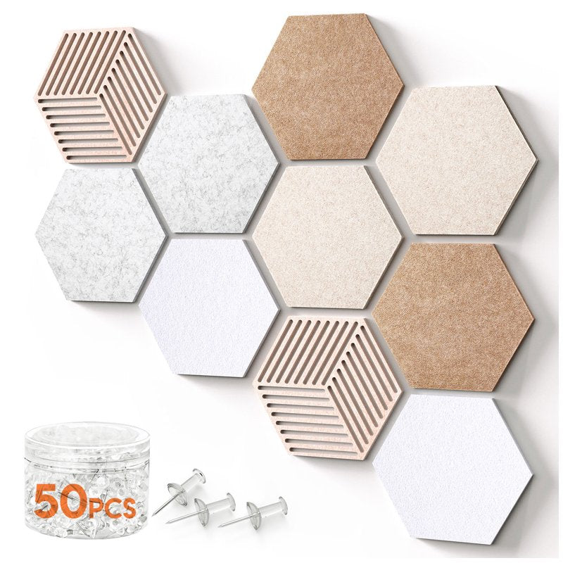 Hexagon Cork Boards for Walls - 10 Pack with 50 Pins for Office & Home Decor