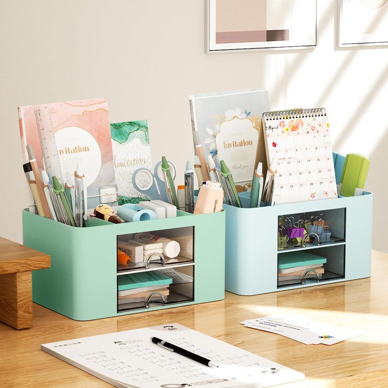 Multi-Functional Pen Organizer with 2 Drawers and Compartments for Desk Storage - Green