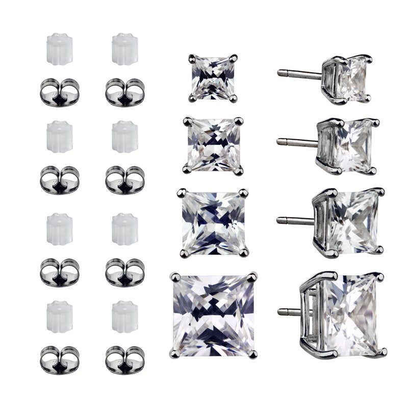 Sterling Silver Square Earring Set with Simulated Diamonds - 4 Pairs