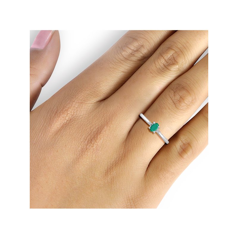 Emerald Ring with White Diamond Accent - 0.25 Carat Gemstone Sterling Silver Jewelry
