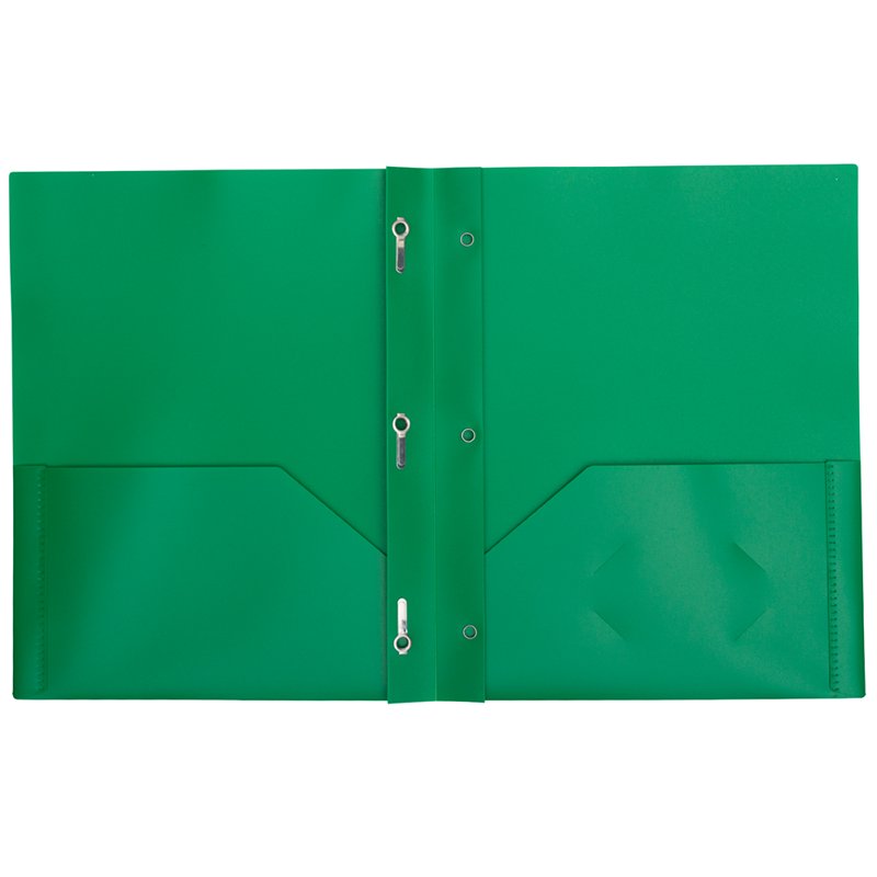 2-Pocket Plastic File Folders with Metal Prongs - Green, 6 Pack