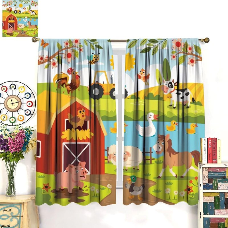 Farmhouse Cartoon Animal Pattern Insulated Curtains for Children’s Bedroom — 2 Panel Set