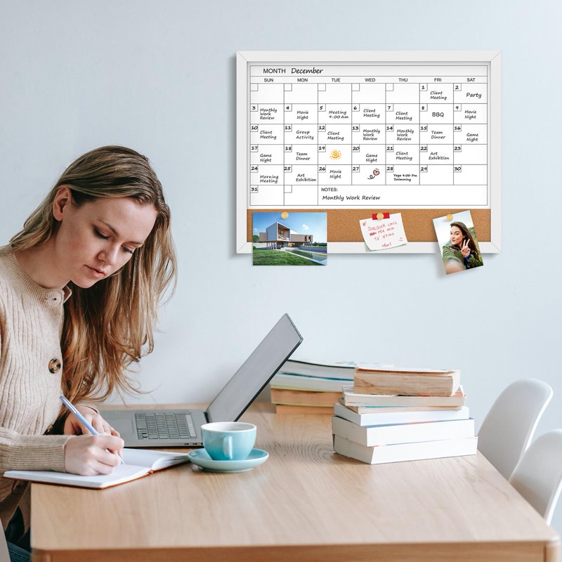 Magnetic Dry Erase Calendar & Corkboard Wall Board 17x13 in Gray Frame