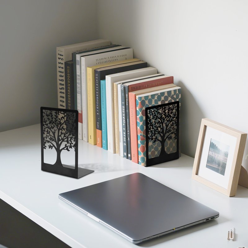 Modern Metal Bookends for Shelves - Tree & Bird Design, Heavy-Duty & Decorative