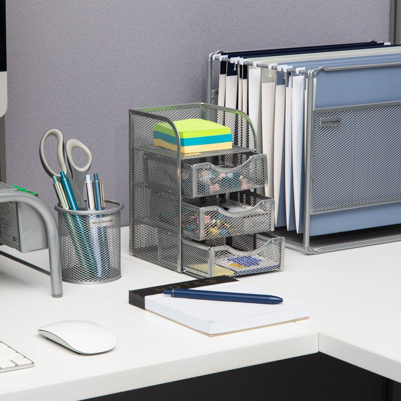Metal Desktop Organizer with Pull-Out Drawers for Office and Makeup Storage