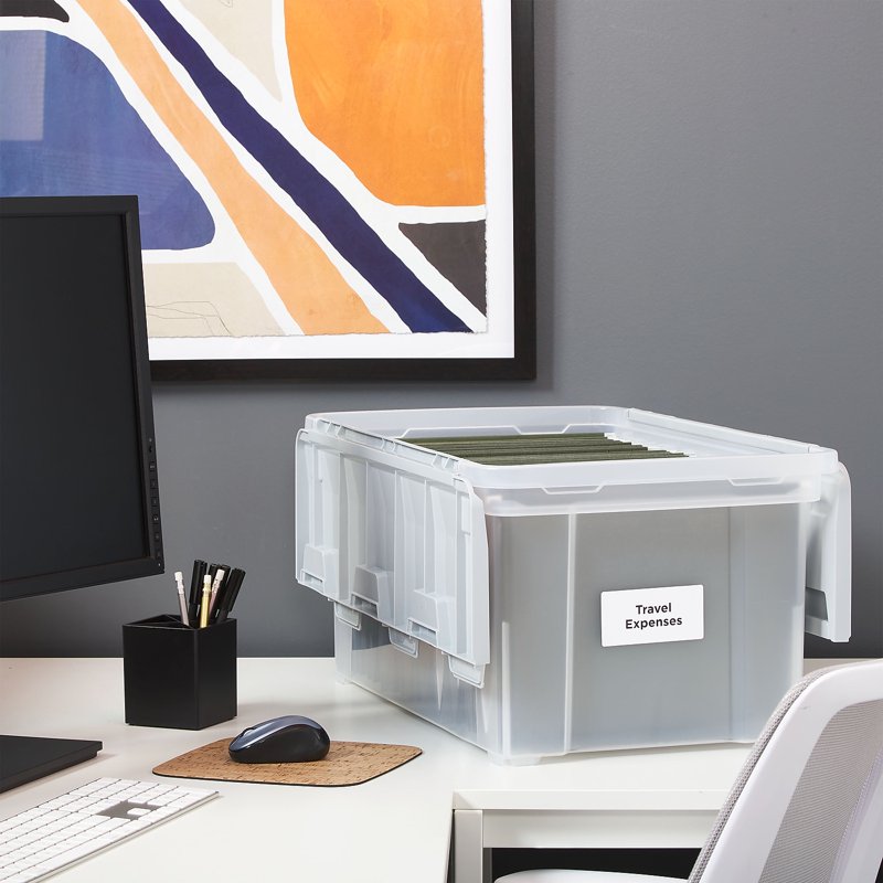 Letter Size Clear File Storage Box with Wing Lid - Stackable Plastic Organizer