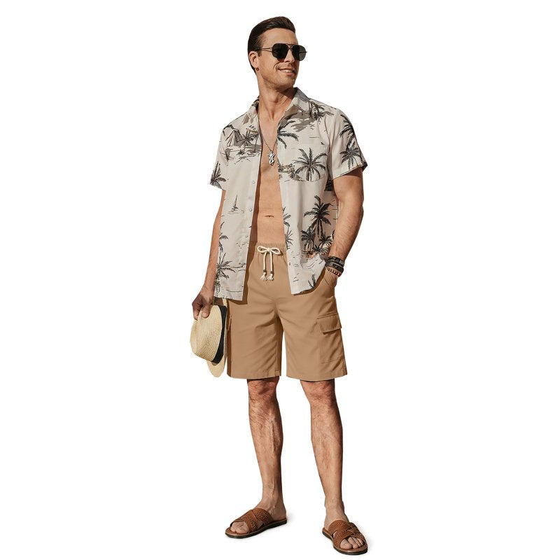 Men's Linen Cargo Shorts Elastic Waist Drawstring Summer Beach Pants with Pockets