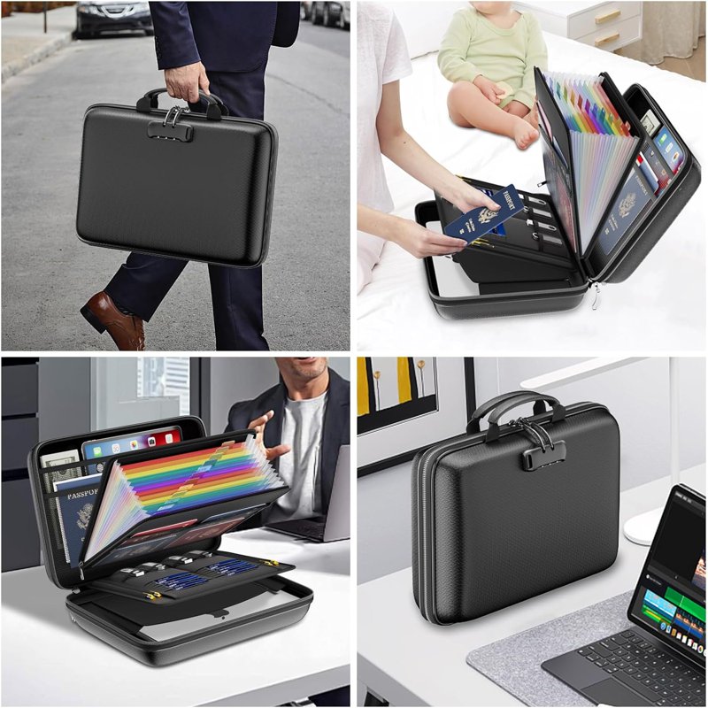 Fireproof Water-Resistant Document Organizer with Lock, 13 Pockets, Hard Shell Case
