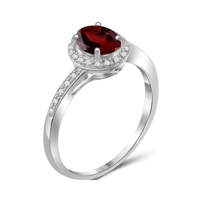 Garnet Ring with White Diamond Accents - 1 Carat Sterling Silver Jewelry for Women