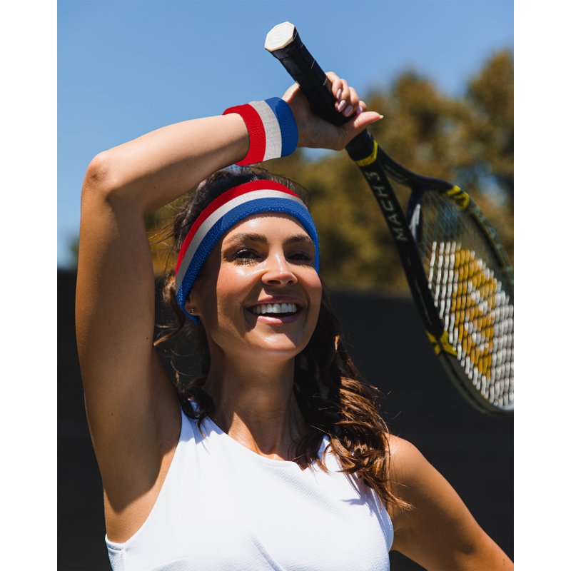 Sport Wristbands for Sports & Fitness - Moisture Wicking Cotton Blend, Red White Blue (Pair)