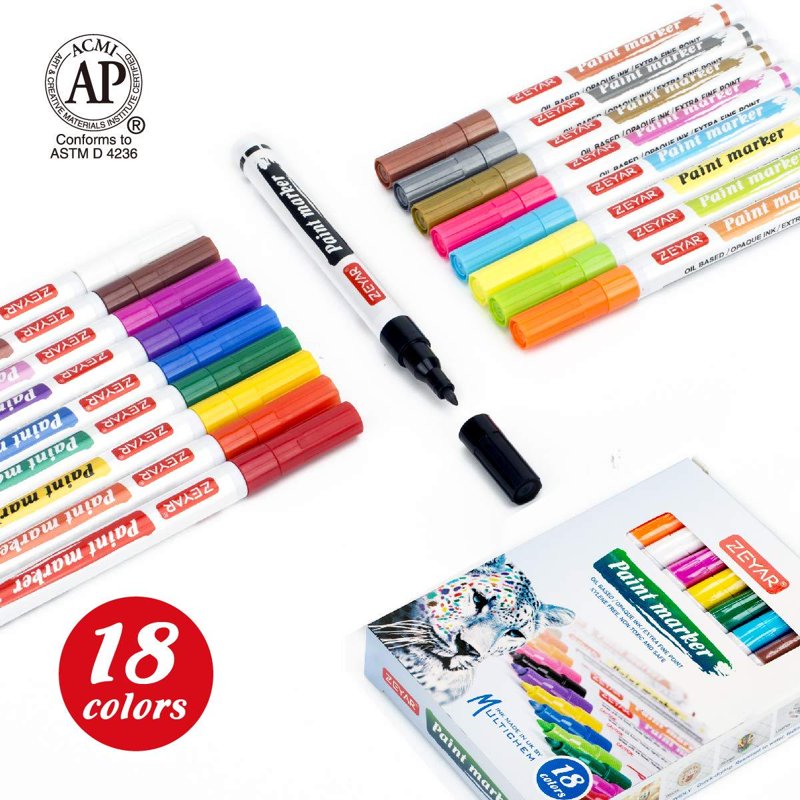 ZEYAR Extra Fine Point Paint Markers 18 Colors Waterproof Permanent Surface Markers
