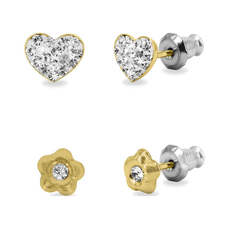 Children's Gold Filled Crystal Flower Heart Stud Earrings Set