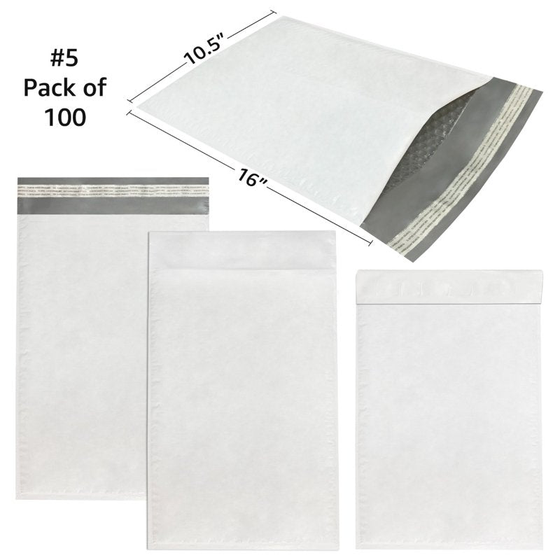 Poly Bubble Mailer Bags 10.5x16 Inches Self Seal Pack of 100 White Shipping Envelopes