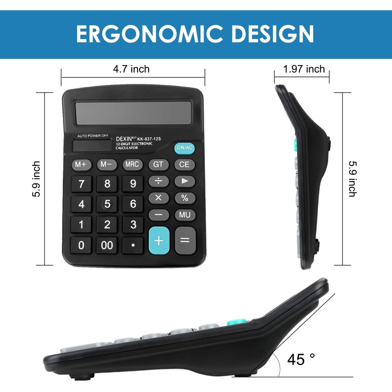 Office Calculator with 12 Digit LCD Display Solar Battery Dual Power Black