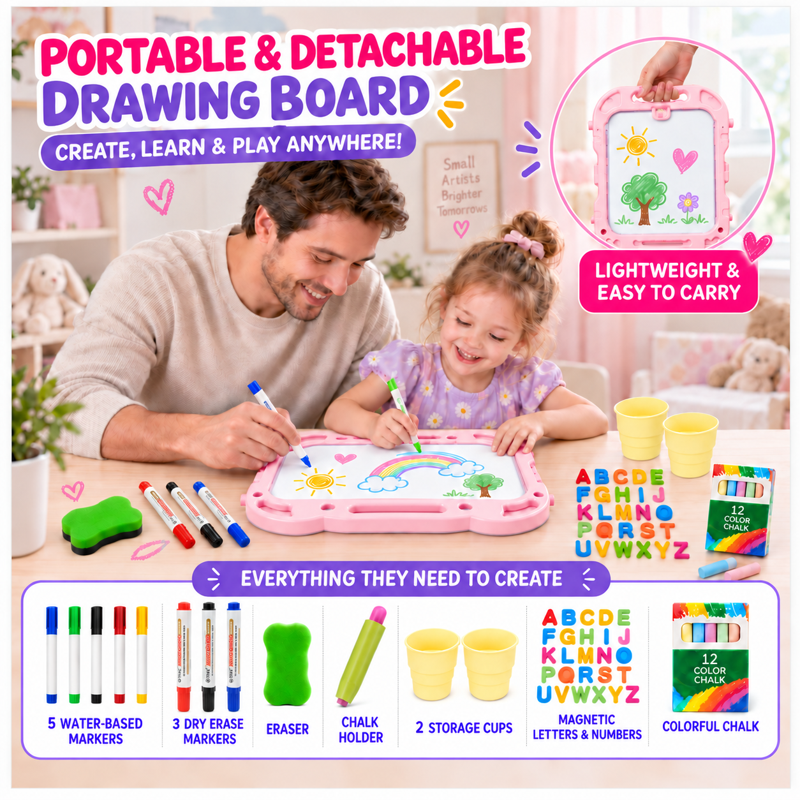 Kids Art Easel with Double-Sided Boards, Adjustable Height & Accessories - Pink