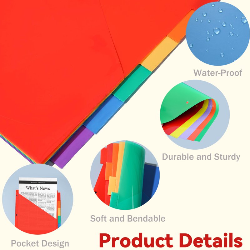Multicolor 24-Pack Plastic Binder Dividers with Tabs and Front Pocket for 3 Ring Binders