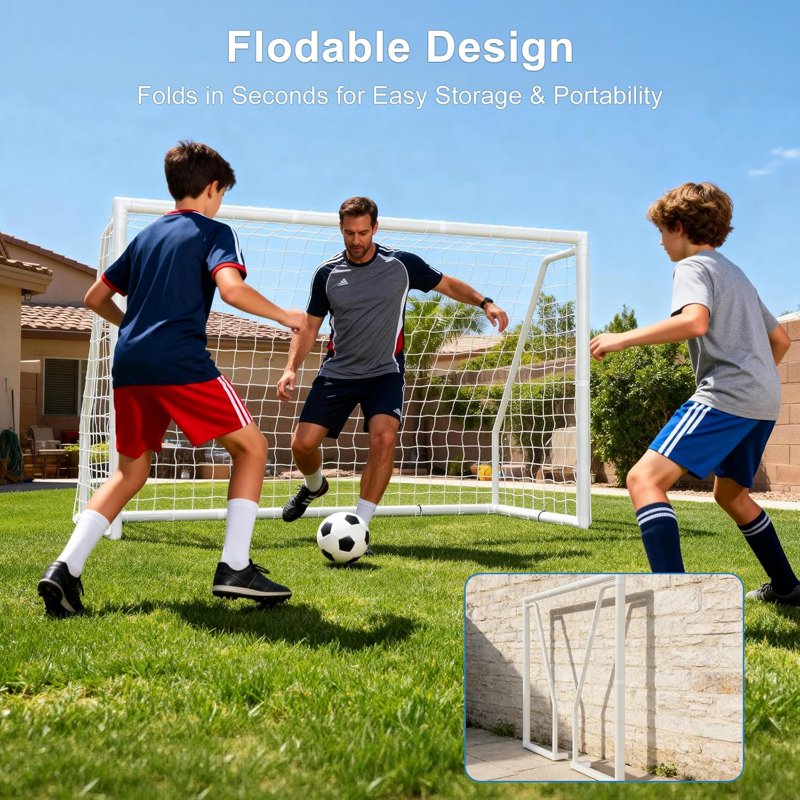 ABORON 10' x 6.5' Foldable Soccer Goal with Net – HPVC Frame, Backyard Training (White) Variation: PVC-Foldable